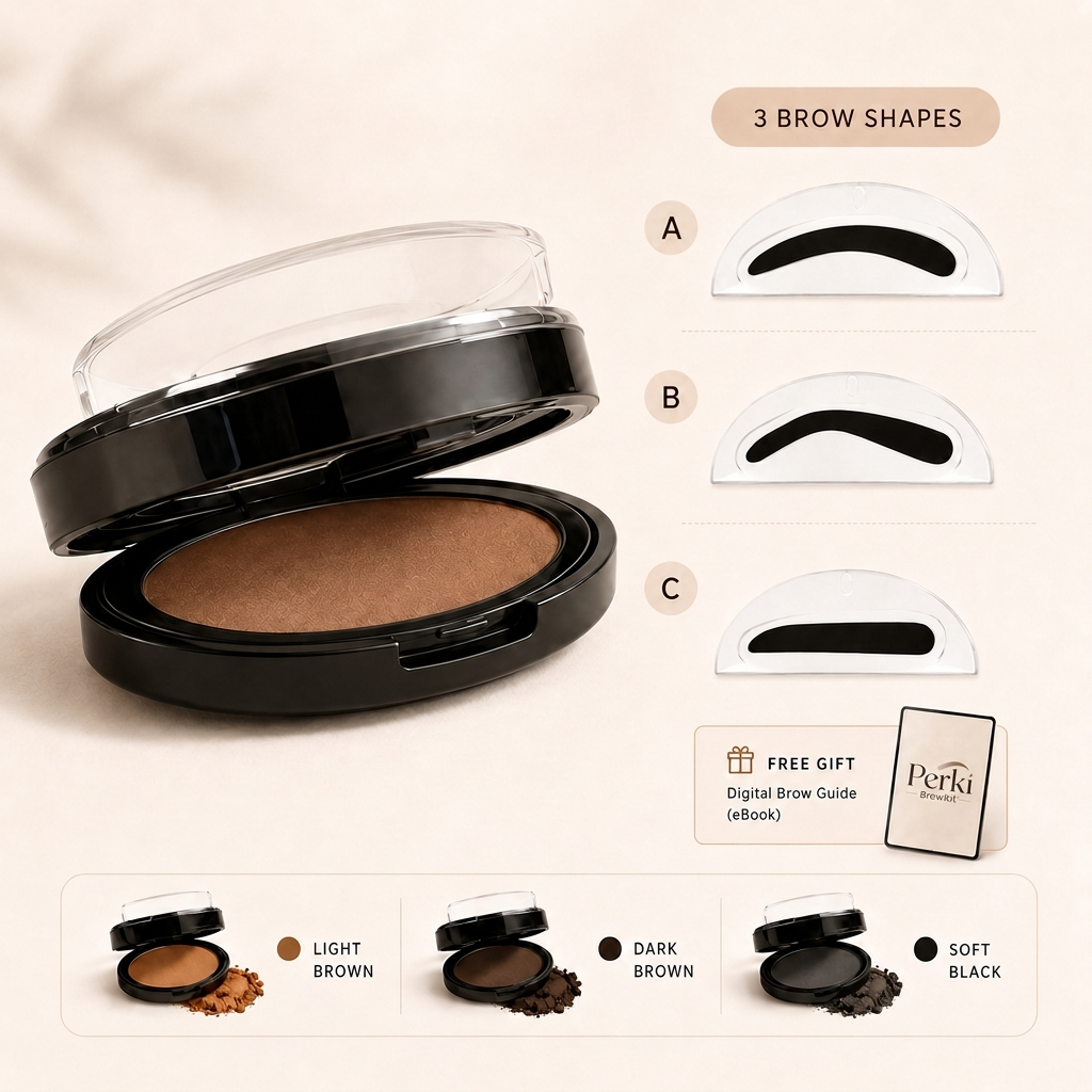 Perki Brow Kit brow stamp compact with pomade and dual-ended blending spoolie