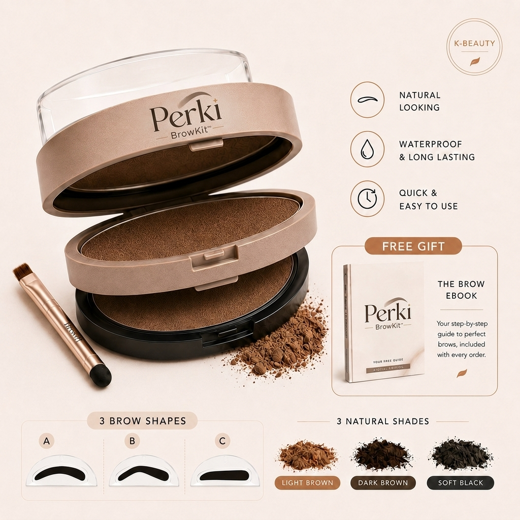 Perki Brow Kit — waterproof brow stamp compact with blending spoolie, 3 reusable brow shape stencils, 3 natural shades and free brow ebook