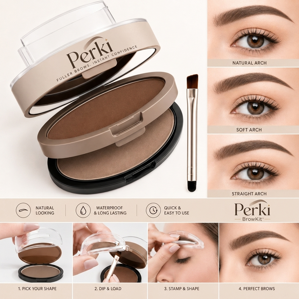 Before and after eyebrows using the Perki Brow Kit stamp and stencils